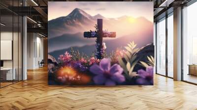 Crucifixion of Jesus Christ - Cross at sunrise on a mountain and a beautiful field of flowers Wall mural