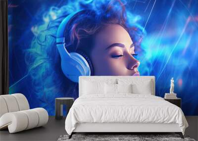 A futuristic portrayal of a young girl immersed in music, surrounded by neural connections and bathed in blue light Wall mural