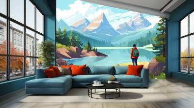 Adventure in nature - cartoonish exploration scene with mountains and lake Wall mural