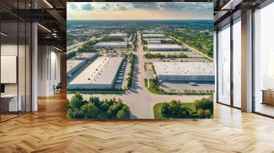 An aerial view of a modern industrial zone showcasing large warehouses and a broad central lot surrounded by vibrant greenery and trees Wall mural