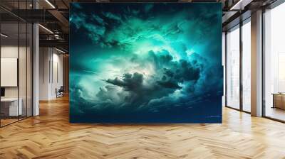 Black, blue, green, and teal night sky adorned with clouds, symbolizing stormy weather with wind and rain. The dramatic dark skies background features glows, lights, and occasional lightning Wall mural