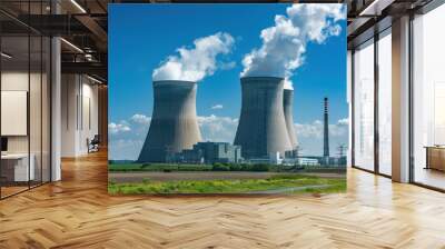 Blue sky backdrop to doel's nuclear plant with cooling towers, nuclear plant featuring cooling towers Wall mural