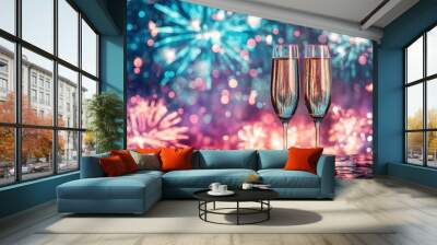 Celebrate the arrival with twinkling glasses and dazzling firework displays against a lively backdrop, setting the stage for an unforgettable new year’s eve experience Wall mural