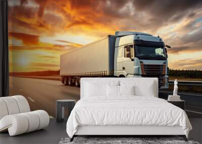 Commercial truck transport: Semi trailer truck driving on highway road. Shipping container trucks. Delivery logistics cargo transport Wall mural