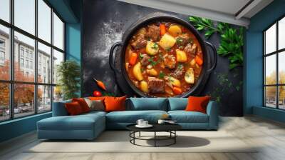 Hearty beef stew served in a rustic setting, viewed from above Wall mural