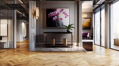 In a contemporary hallway interior, a console table takes center stage, adorned with a lovely orchid bloom, adding a touch of elegance and natural beauty to the space Wall mural