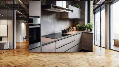 Modern kitchen interior featuring sleek grey counters, along with an oven and electric stove, blending functionality with contemporary style Wall mural