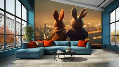 Rabbit duo enchanted by festive fireworks, a lunar celebration Wall mural