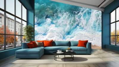 Spectacular aerial top view background photo of ocean sea water white wave splashing in the deep sea. Drone photo backdrop of sea wave in bird eye waves Wall mural