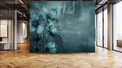 Textured teal blooms on dark background: ai-generated art Wall mural