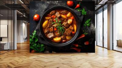 Top view of a black casserole pot filled with a rich beef stew, featuring potatoes and carrots in savory gravy, garnished with bay leaves and served with a spoon Wall mural