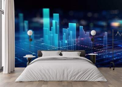 View of stock market expansion, business investment, and data analysis concept featuring digital financial charts, graphs, and indicators against a dark blue blurred background Wall mural