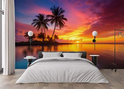 Vivid, colorful sunset casts its glow on a tropical island beach lined with swaying coconut palm trees, painting a serene and picturesque scene Wall mural