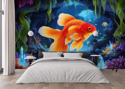 A gold and red fish swimming in a coral reef Wall mural