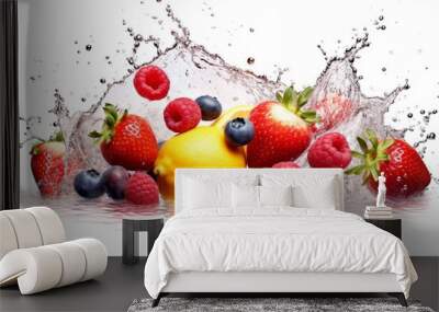 assorted fresh fruits with water splashes isolated on white background. generative ai Wall mural