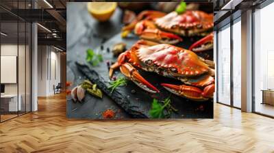 Cooked crabs with spices and herbs on slate table. Sea food Wall mural