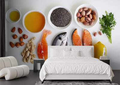 food sources of omega 3 and omega 6 on white background top view. foods high in fatty acids includin Wall mural