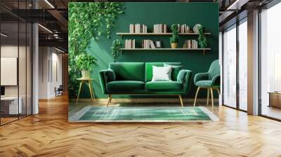 Green sofa and chair against green wall with book shelf. Scandinavian home interior design of modern living room with greenery Wall mural