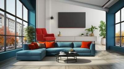 Mockup a TV wall mounted with red armchair in living room with a white wall Wall mural