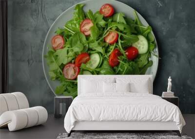 Plate of green diet salad top view. Tasty and healthy food concept Wall mural