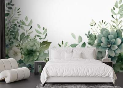 seamless watercolor floral border with green leaves on white background. generative ai Wall mural