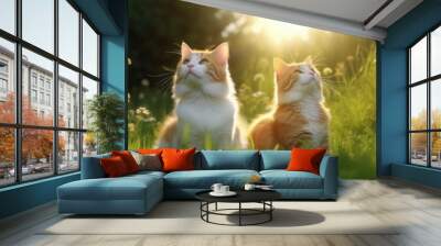 Two cute cats on green grass with blurred background of early morning sun Wall mural