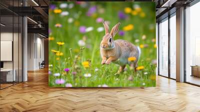 A rabbit hopping through a field of wildflowers Wall mural