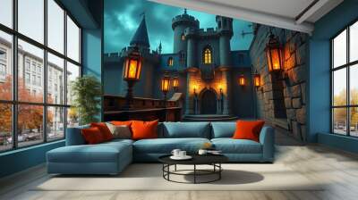 Fantasy Castle with Torches Torches in a fantasy castle's hall c Wall mural