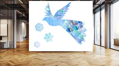 Abstract bird isolated on white background. Handmade style bird with leaves and snowflakes Wall mural