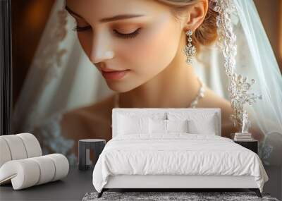 A bride adorned in lace and diamonds exudes elegance and beauty. Wall mural