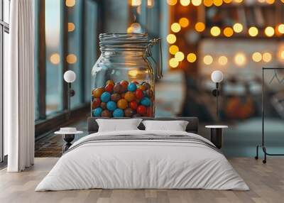 A jar of colorful sweets on a rustic table with warm bokeh background Wall mural