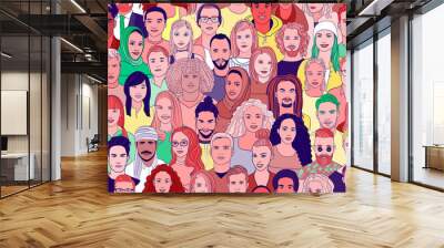 A large set of faces of young people of different nationalities. Seamless drawn creative pattern. Wall mural