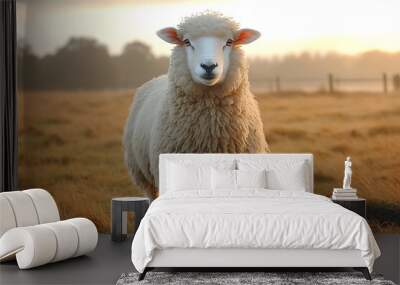 A lone sheep grazes peacefully in a field bathed in warm, soft light. Wall mural