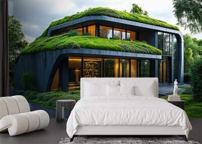 A modern house with a green roof seamlessly blends into its surroundings. Wall mural