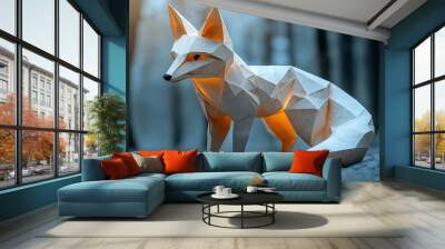 A paper fox origami glowing in the winter forest Wall mural