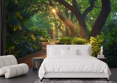 A quiet suburban walking trail bathed in soft, golden sunlight filtering through trees. Wall mural