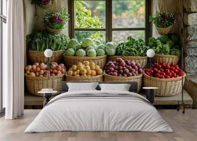 A rustic market stand with baskets of fresh organic produce bathed in natural light. Wall mural