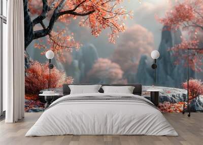 A serene autumn landscape with a stone platform, ideal for product display, set against a backdrop of misty mountains and vibrant red-leaved trees. Wall mural