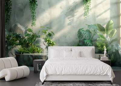 A serene indoor space with a stone platform, bathed in sunlight, adorned with lush green tropical plants, creating a tranquil and minimalist ambiance. Wall mural