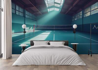 A solitary volleyball net on an empty court bathed in soft natural light. Wall mural