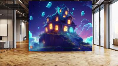 A spooky cartoon haunted house on a hill with glowing windows and floating ghosts in the night sky. Wall mural