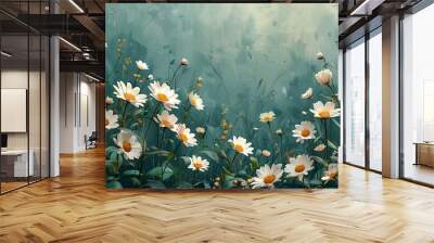 A vibrant and colorful illustration of white chamomile flowers in full bloom, set against a textured green background. Wall mural