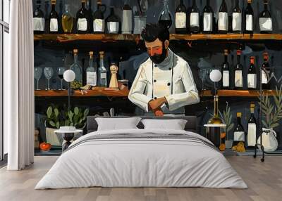 A whimsical chef joyfully cooks in a kitchen stocked with wine and fresh ingredients. Wall mural