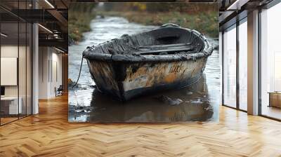 An overturned boat lies amidst floodwater, reflecting the aftermath of a natural disaster. Wall mural