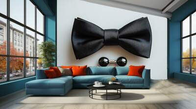 Black bow tie and cufflinks on a white surface, groom's accessories Wall mural