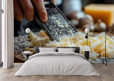 Close-up of a hand grating parmesan cheese onto a wooden board Wall mural