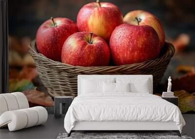 Five ripe red apples in a wicker basket on a wooden surface with autumn leaves Wall mural