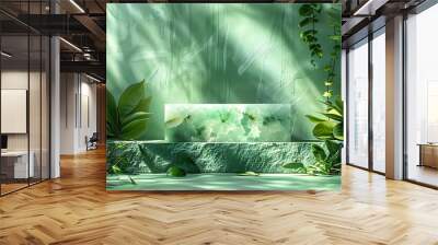 Green botanical 3D rendered product placement podium. Stone pedestal surrounded by tropical plants and foliage on a green background with copy space. Wall mural