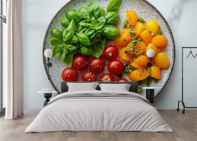 Minimalist plate with fresh tomatoes, peppers, and basil Wall mural