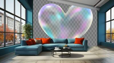 Realistic Vector Transparent Liquid Heart shape refraction soap bubble. Soap bubble png, glare. Foam bubbles png love simbol. Colorful magical fantasy dreamy of multicolored transparent bubble heart Wall mural